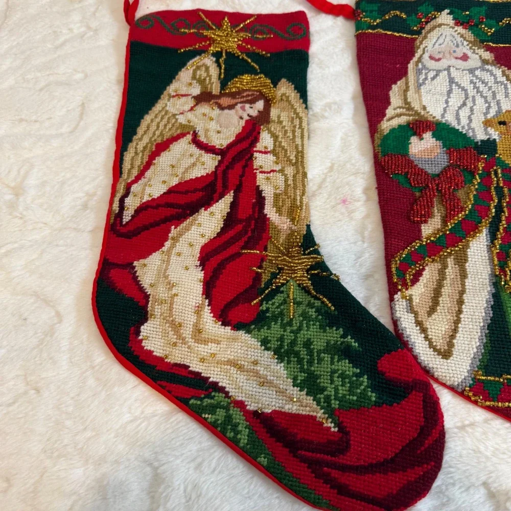 Vintage Needlepoint Christmas Stockings Set of 2 Angel Santa Beaded Red Green